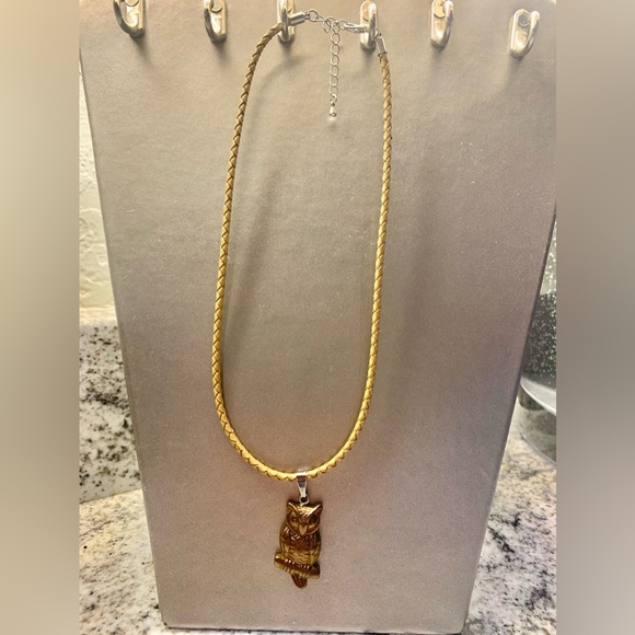 Carved Gold Hematite Owl Pendant Stone w/leather cord (adjustable) - Picture 1 of 6